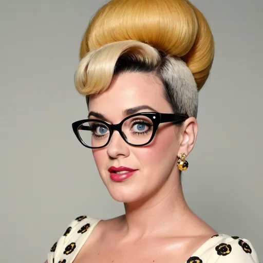 Prompt: Katy perry a 1950s woman, with a beehive hairstyle, wearing 1950s dress, cateye glasses, photo style, detailed face