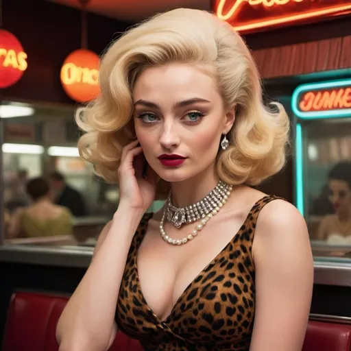 Prompt: A vibrant and tacky 1960s New Jersey scene, with Sophie Turner as the undeniable focal point. She stands confidently against a backdrop of bold, colorful patterns and flashy neon lights, reminiscent of the era's iconic diners and boardwalks. Her hair is styled into an exaggerated bouffant beehive, a towering testament to the decade's penchant for dramatic hairdos. The bouffant is a brilliant shade of platinum blonde, teased and sprayed to perfection, with not a single strand out of place. Her attire is equally eye-catching: a leopard print ensemble that includes a form-fitting mini dress, elbow-length gloves, and stiletto heels. The dress is adorned with rhinestone accents that sparkle in the artificial glow, emphasizing her curves and playful nature. A pearl necklace, strands of which are wrapped around her neck multiple times, adds an unexpected touch of elegance to the ensemble. The necklace is long enough to graze her cleavage, drawing the eye to her playful smirk and the deep v-cut of her dress. Her makeup is bold and era-appropriate, with winged eyeliner that sharply extends beyond the outer corners of her eyes and a vivid shade of red lipstick that matches the polish on her manicured nails. She holds a cigarette in one hand, the smoke curling upward like a question mark, as if she's contemplating the next move in her night of mischief. The overall look is a delightful clash of high fashion and kitchy charm, a celebration of the 1960s spirit that is both nostalgic and modern.