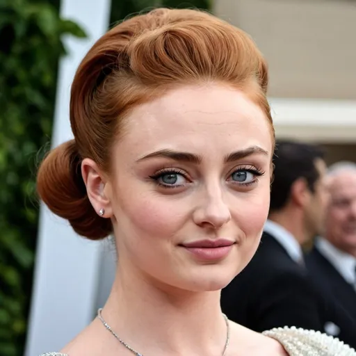 Prompt: Sophie Turner with a 1960s big bouffant beehive hairstyle