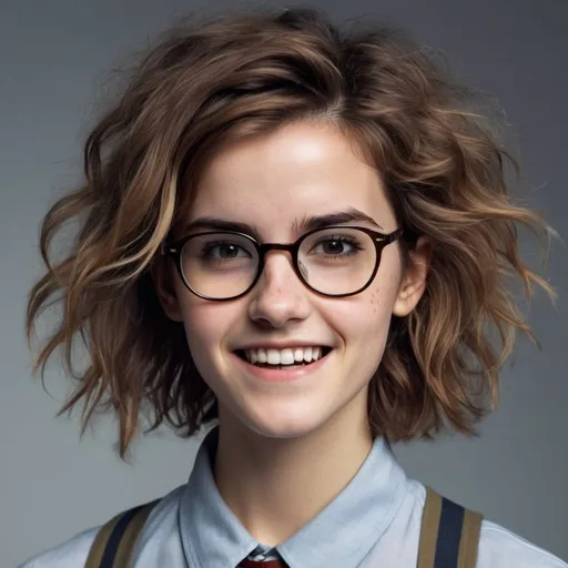 Prompt: Emma Watson as a nerd woman with wild frizzy hair, buck teeth, glasses, acne