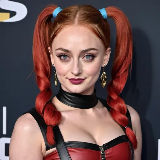 Prompt: sophie turner dressed as harley Quin with big bouffant pigtail hair