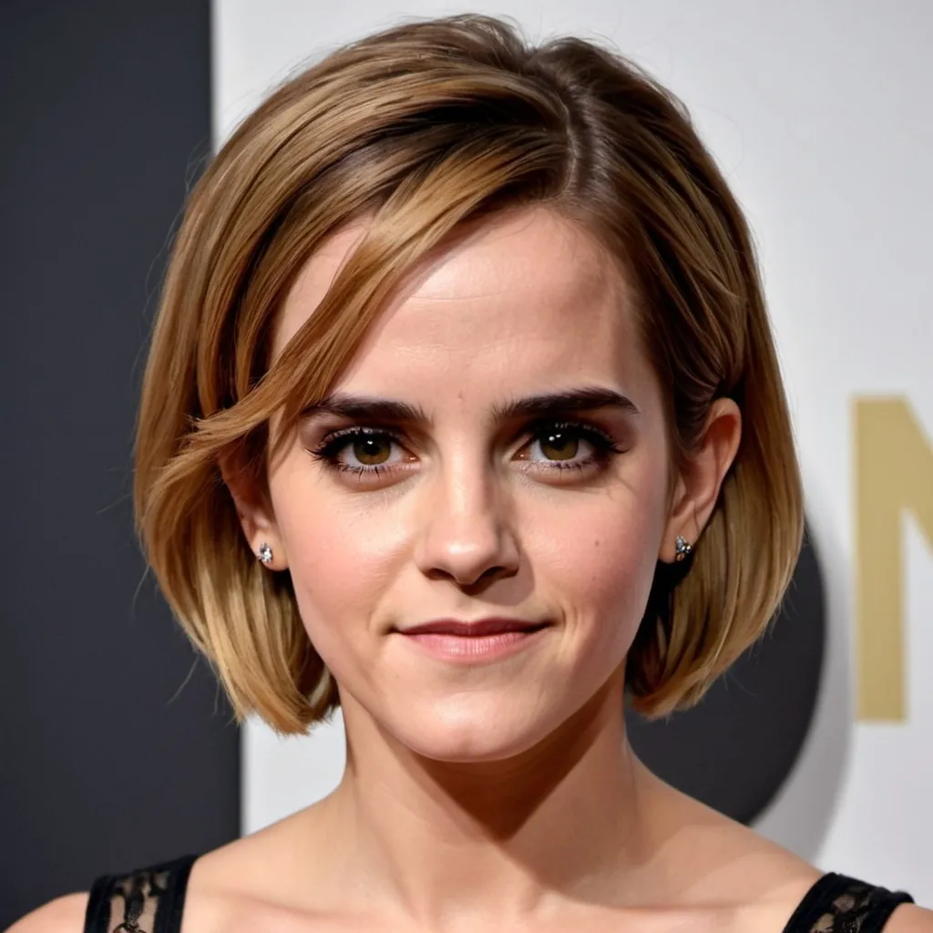 Prompt: emma watson dressed as a middle aged karen mom woman with a blonde bouffant stacked a line bob hairstyle