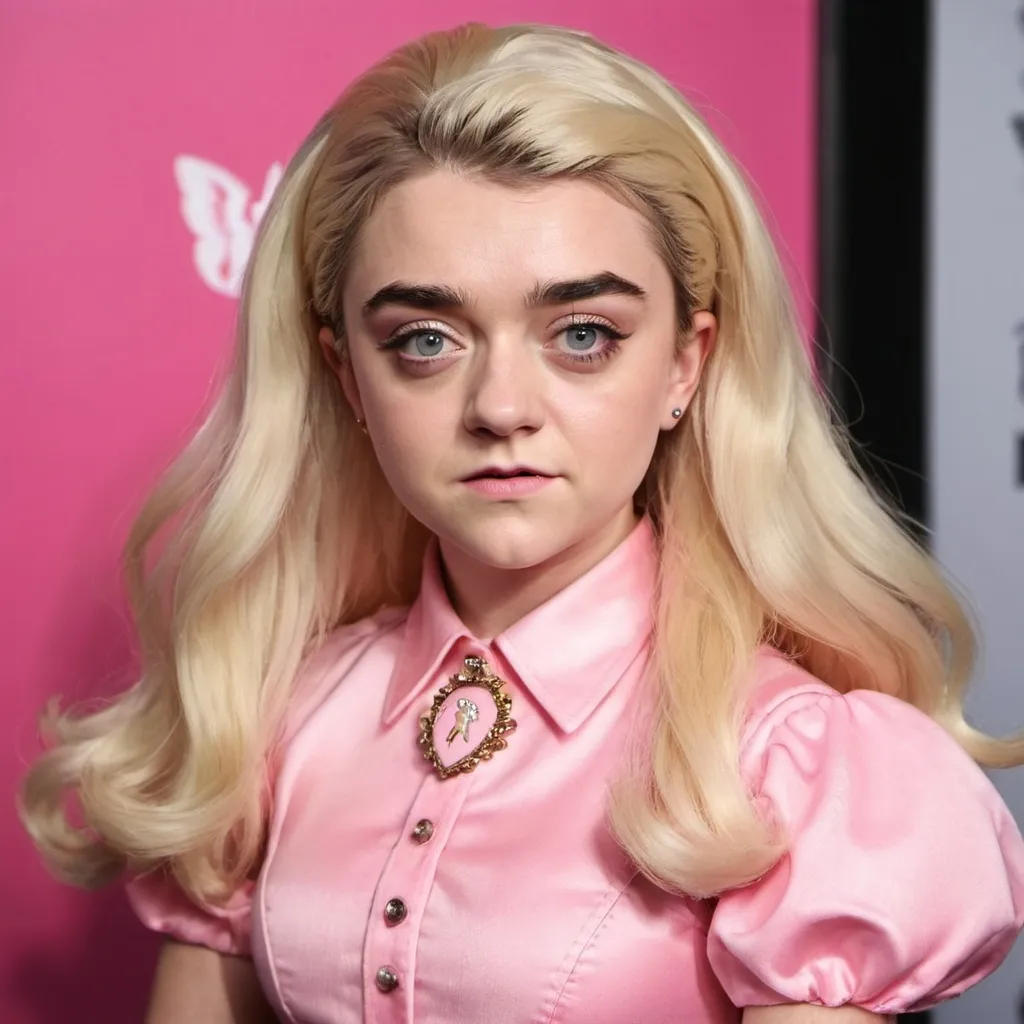 Prompt: maisie williams dressed as a blonde barbie doll with very long hair