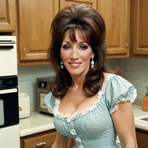 Prompt: Katey Sagal conservative housewife in a kitchen, dazed smile, tan skin, wearing a poofy modest frilly dress, lipstick, eyeshadow, huge bouffant 1960s hair, 