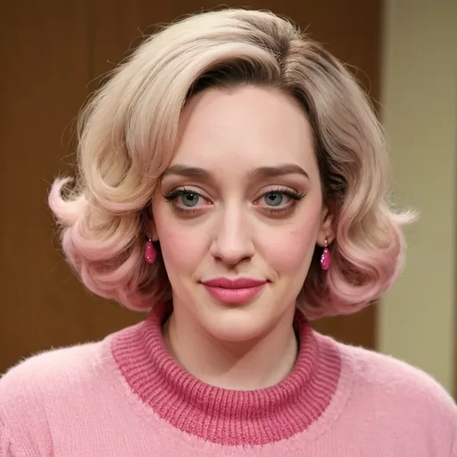 Prompt: kat dennings dressed as a middle aged karen mom woman with a blonde bouffant stacked a line bob hairstyle wearing a pink fluffy sweater