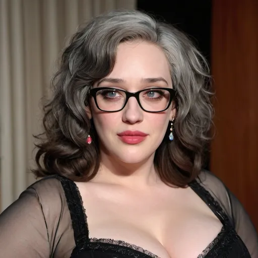 Prompt: kat dennings dressed as a sultry mature chubby woman, 60 years old, grey bouffant hair, eyelashes, eyeshadow, glasses wrinkles, nightdress