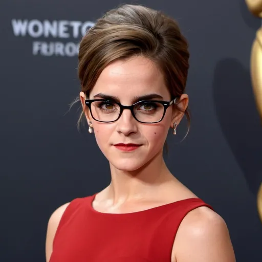 Prompt: Emma Watson as a older woman, big pointed nose, grey bouffant updo hair, cat eye glasses, tight red dress, heavy makeup, high heels, wrinkles
