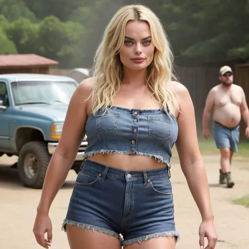 Prompt: margot robbie dressed as a chubby redneck woman curvy body, wearing denim shorts, extremely long hair