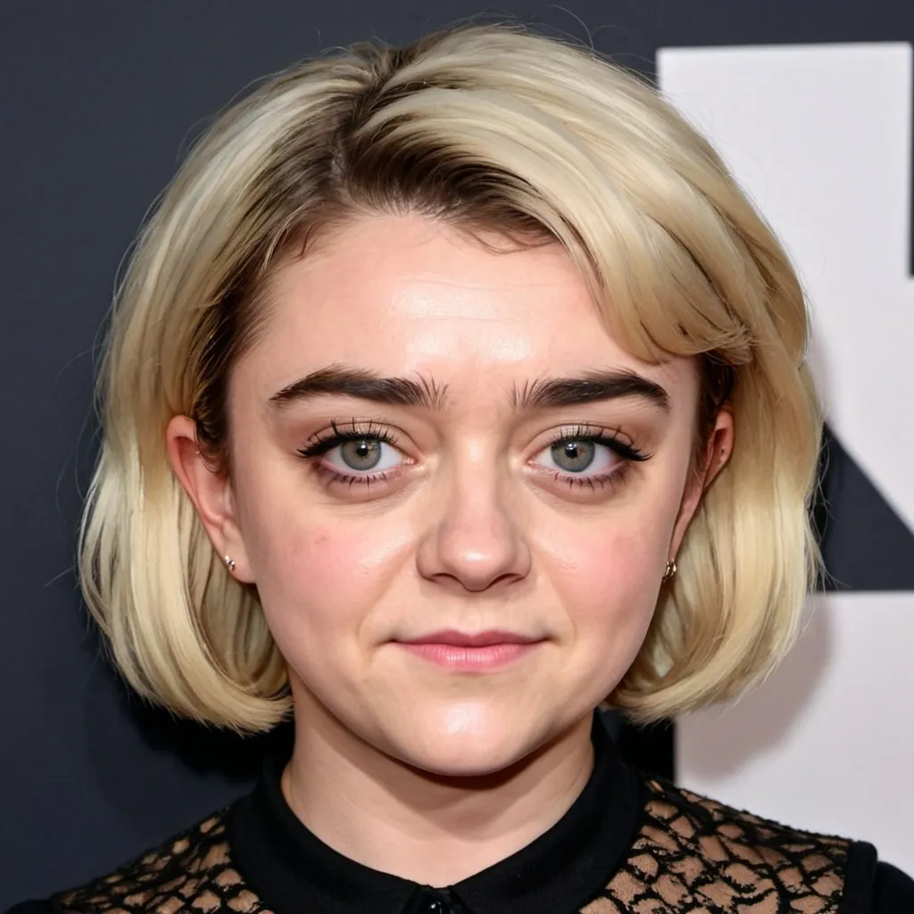 Prompt: maisie williams dressed as a middle aged karen mom woman with a blonde bouffant stacked a line bob hairstyle