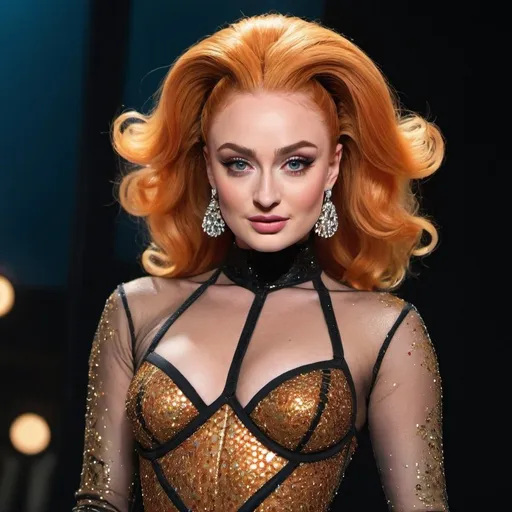 Prompt: sophie turner A stunning drag queen with a gravity-defying bouffant beehive wig in a vibrant shade of tangerine, teased to perfection and adorned with glittering rhinestone accents that catch the light, creating a mesmerizing spectacle. The wig stands tall and proud, a testament to the art of hair sculpting. Her makeup is equally dramatic, with sharp contours that accentuate her cheekbones and a bold, winged eyeliner that sweeps up to the heavens. Her eyes are a kaleidoscope of colors, with shimmering eyeshadow that transitions from fiery oranges to electric blues, all blended masterfully to draw the viewer's gaze to the fiery passion in her pupils. A set of long, flirty lashes complete the eye look, fluttering playfully with every coy smile and wink. Her lips are painted a bold, matte black, contrasting sharply with the rest of her makeup, and shaped into a pout that speaks volumes of confidence and allure. Her ensemble is a form-fitting leotard that hugs her curves in a tantalizing dance of shimmer and shine, the fabric a blend of metallic silver and gold that reflects the vibrant stage lights. The leotard is adorned with intricate beadwork that forms the pattern of a honeycomb, paying homage to the queen bee theme of her look. The outfit is completed with a pair of knee-high, black patent leather boots with stiletto heels, adding a touch of danger to her sweetness. Her arms are covered in sheer, black fishnet sleeves that add an edgy flair to the ensemble. She stands with one hand on her hip and the other pointing upwards, as if directing the very essence of fabulousness into the atmosphere. The background is a burst of colorful confetti, suggesting a moment of triumph and celebration on stage. The lighting casts a warm, golden glow that highlights her features and adds a touch of magic to the scene, making it clear that she is the belle of the ball, the queen of the drag world, and an unforgettable vision of beauty, creativity, and sass.