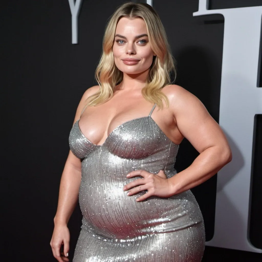 Prompt: fat Margot Robbie, chubby body, plump bbw, long hair, big chest, wearing a sparkly dress