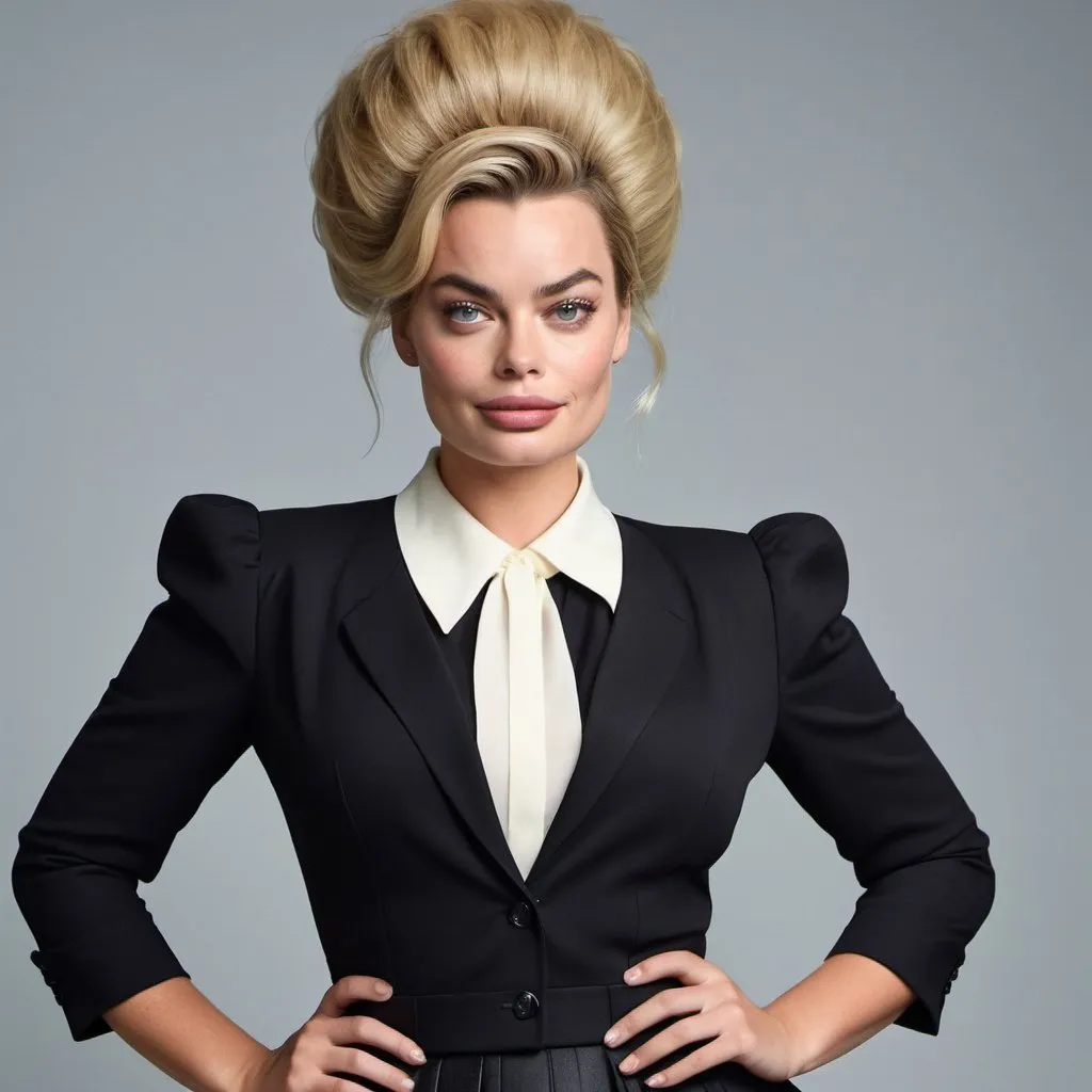 Prompt: Margot Robbie a overweight secretary, wearing dress suit with a skirt outfit, giant bouffant beehive hairstyle, makeup, photo style, detailed face, full body