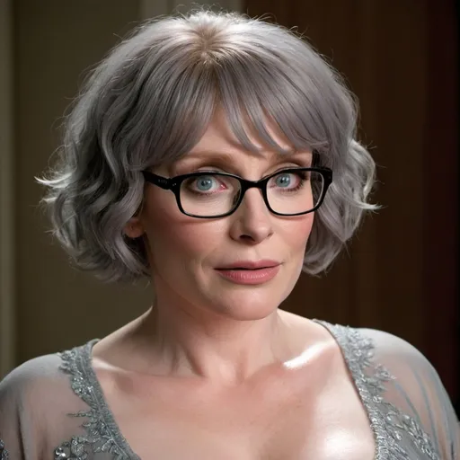 Prompt: bryce dallas howard dressed as a sultry mature chubby woman, 60 years old, grey bouffant hair, eyelashes, eyeshadow, glasses wrinkles, nightdress