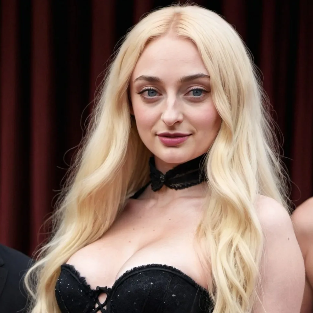 Prompt: Sophie turner dressed as a burlesque dancer with bleach blonde very long hair