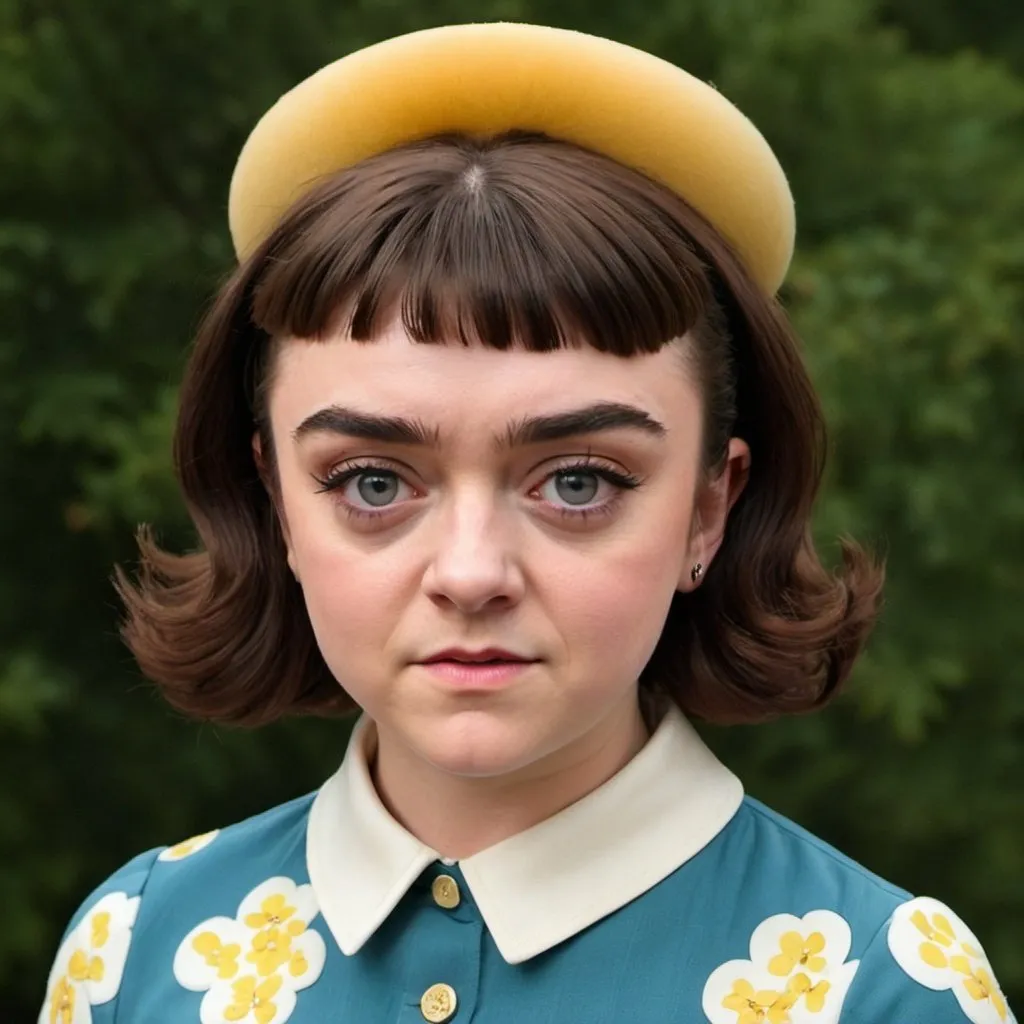 Prompt: Maisie Williams dressed as a 1960's woman with big bouffant beehive hair