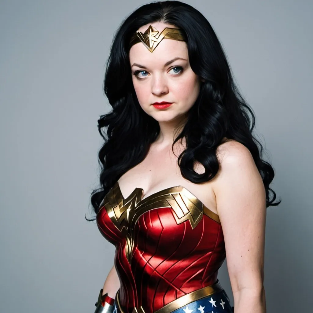 Prompt: meg white dressed as Wonder Woman  with big bouffant black hair