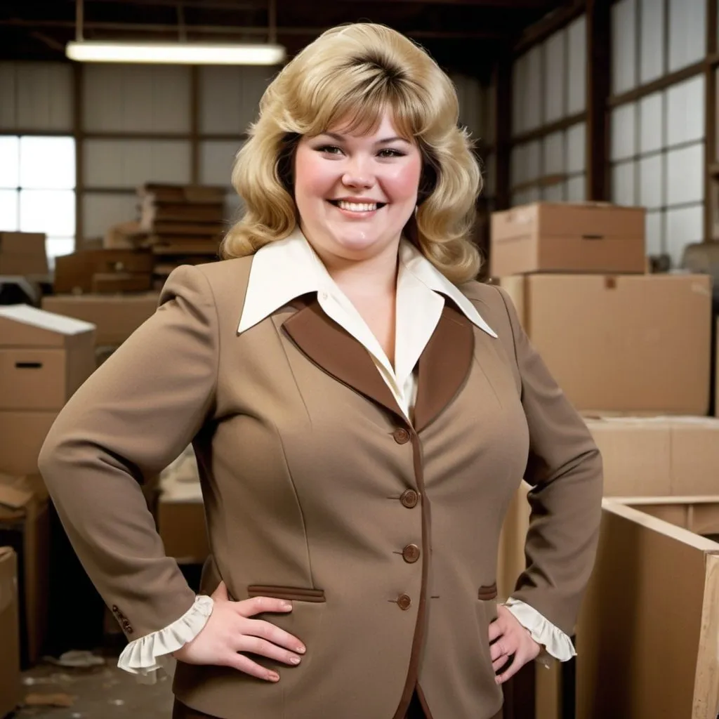 Prompt: Smiling heavy woman with large thighs with a blonde mullet shag with bangs beige and brown comtrasting ripped up and 
worn out 1970's double knit polyester three piece vested matching  business suit with poofy wide shoulder pads, very wide collar, wide lapels, blouse with a very wide 1970s frilly ascot neckerchief in an old warehouse