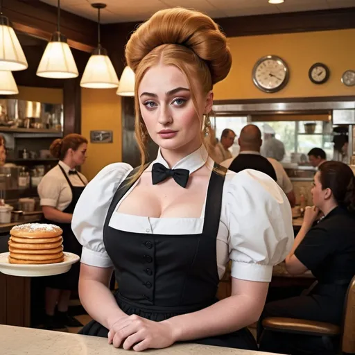 Prompt: Sophie Turner a overweight waitress, wearing waitress outfit, giant bouffant beehive hairstyle, makeup, photo style, detailed face, full body