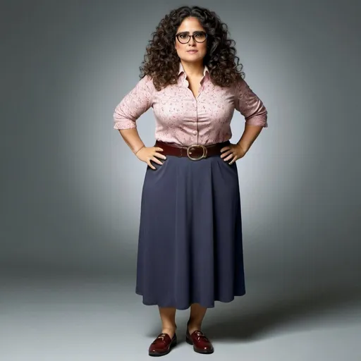 Prompt: full body photo salma hayek dressed as a chubby nerdy woman with frizzy curly hair and glasses