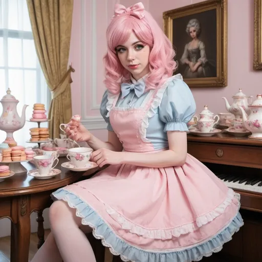 Prompt: A playful and unexpected transformation of former British Prime Minister Theresa May, dressed as the iconic internet personality, Belle Delphine. Mrs. May is depicted with a pastel pink wig styled in the distinctive two-tone fashion of Belle's signature look, her hair cascading down to her shoulders in soft waves. She wears a Victorian-inspired lolita dress in a pastel blue color, with delicate lace trimming and a frilly apron that adds a whimsical touch to the outfit. The dress features a cinched waist and a petticoat that gives it an exaggerated silhouette, reminiscent of the character from Lewis Carroll's "Alice in Wonderland." The ensemble is completed with a pair of thigh-high stockings, platform shoes, and a small pink bow in her hair, all hallmarks of Belle Delphine's aesthetic. On her face, she has applied exaggerated makeup with dramatic eyelashes, blushed cheeks, and a cupid's bow mouth painted in a light shade of pink. Her eyes are sparkling with a mischievous twinkle, suggesting she is enjoying the role reversal. The background is a pastel-colored tea party setting, with a long table adorned with fine china, macarons, and tea cups, hinting at a surreal political gathering hosted by the unconventional influencer. The overall scene is a vivid blend of British political power and contemporary internet kawaii culture, creating a jarring yet fascinating visual juxtaposition.