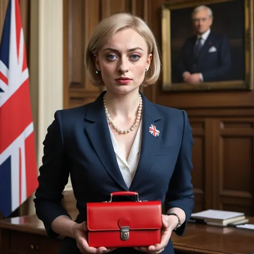 Prompt: A striking resemblance transformation of the young and talented Sophie Turner, dressed as the iconic British Prime Minister, Theresa May. She stands tall and composed in the heart of 10 Downing Street, the historic backdrop of British politics. Sophie has donned a tailored navy blue skirt suit, reminiscent of May's signature style, with a crisp white collared blouse and a silver necklace that adds a touch of elegance. Her hair is styled in a neat bob, mirroring the former PM's trademark look, and she is seen holding a red leather briefcase, symbolizing the weight of state responsibilities. The scene is enlivened by the British flag fluttering in the background, framing her serious yet determined expression. Sophie's makeup is understated yet powerful, with a soft smokey eye and a neutral lipstick, focusing attention on her piercing blue eyes. She stands with her feet firmly planted, one hand on her hip and the other clutching the briefcase, exuding confidence and authority. The sharp creases in her outfit, the structured blazer, and the pearls around her neck all pay homage to Theresa May's attire. The setting is bathed in natural light, reflecting the transparency and integrity that the character she embodies is known for. The image captures a moment of poise and reflection, a nod to the resilience and grace under pressure that defined May's tenure.