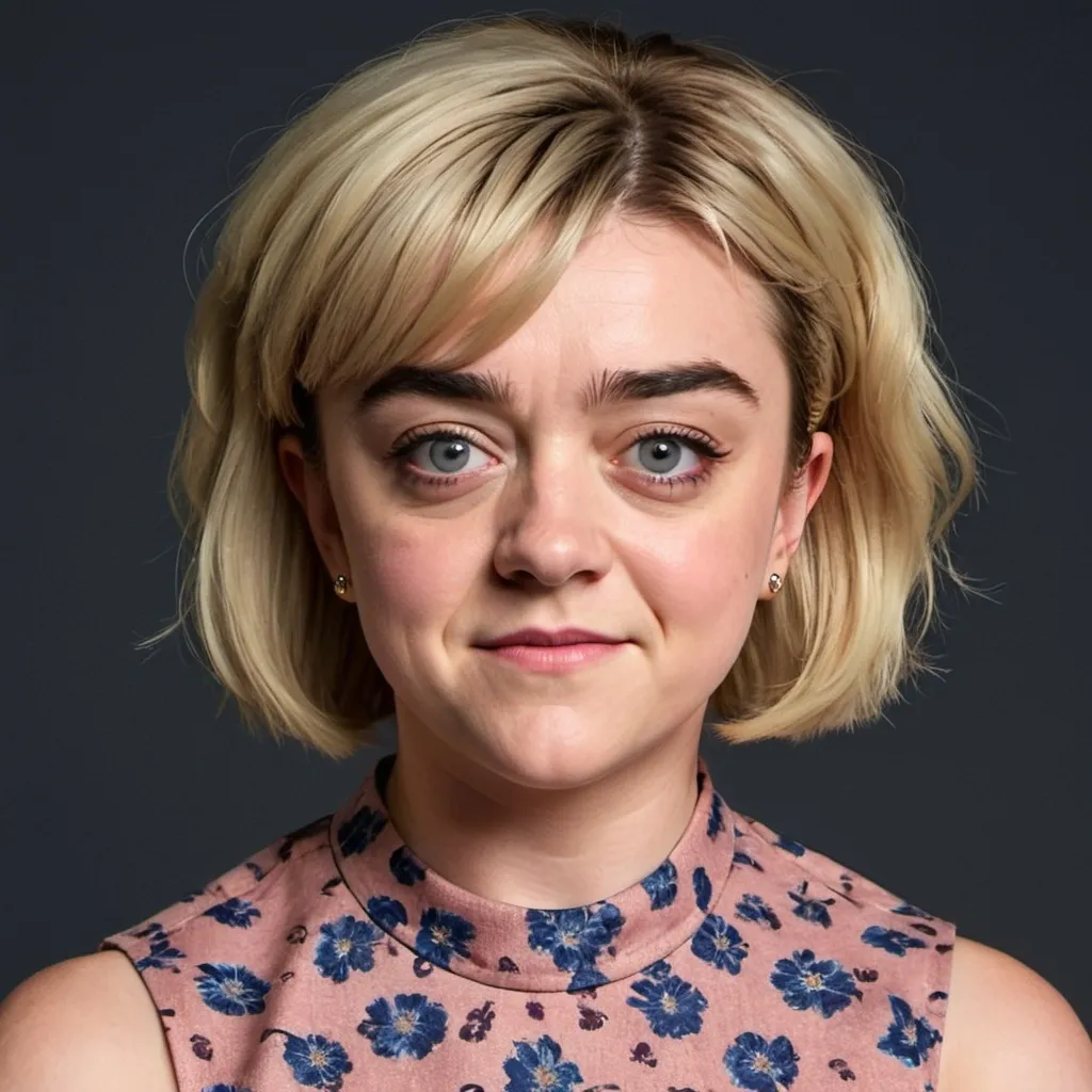 Prompt: maisie williams dressed as a middle aged karen mom woman with a blonde bouffant stacked a line bob hairstyle