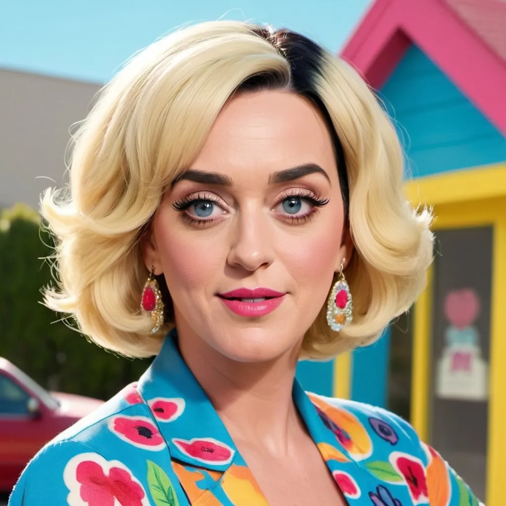 Prompt: katy perry dressed as a middle aged karen mom woman with a blonde bouffant stacked a line bob hairstyle