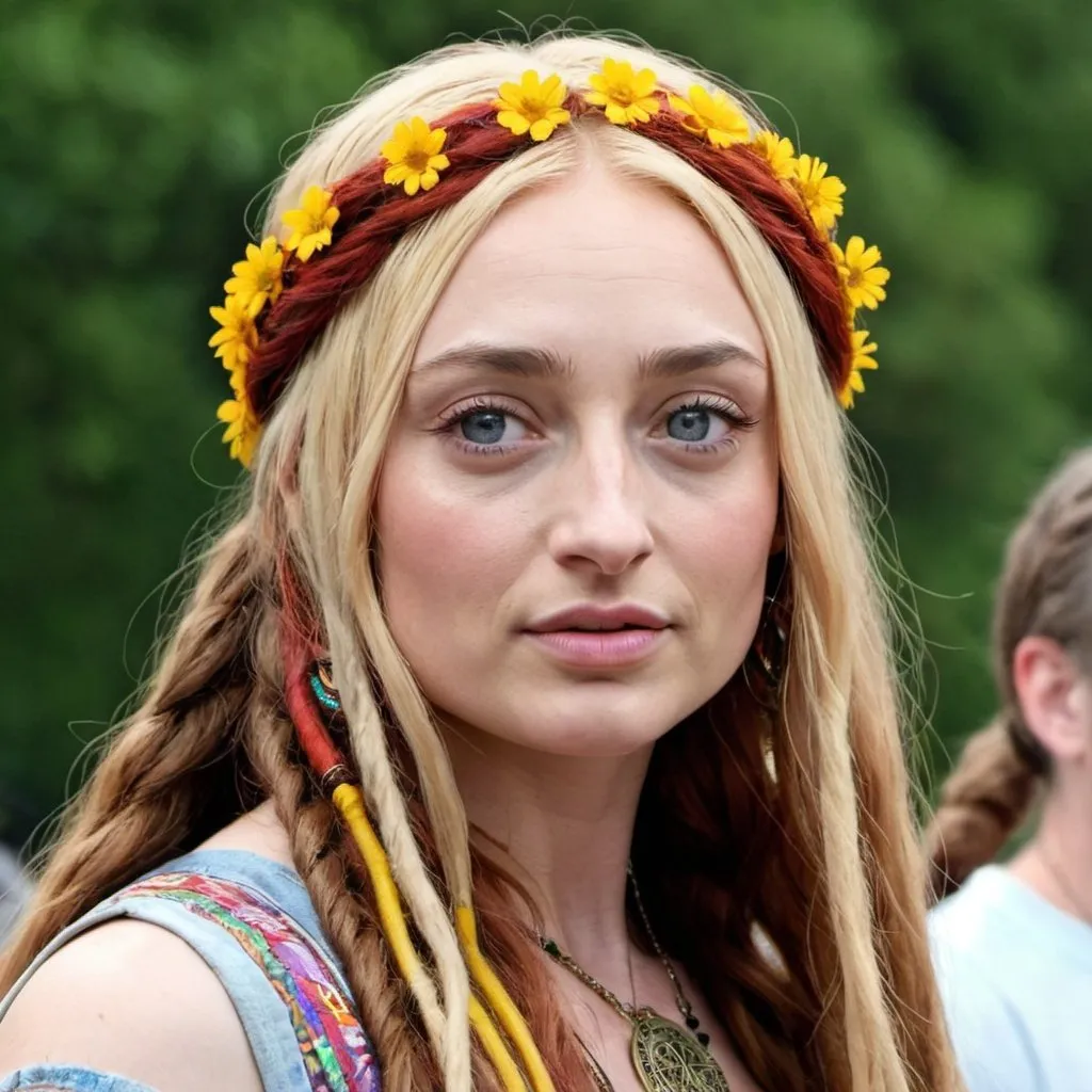 Prompt: Sophie Turner dressed as a hippie woman with dreadlock hair


