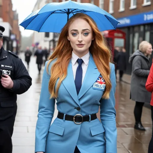 Prompt: sophie turner dressed as british weather girl