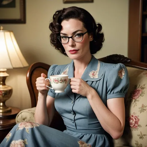 Prompt: Lena Headey a 1940s woman, with a pincurl hairstyle, wearing 1940s dress, cateye glasses, holding a cup of tea, sitting on a sofa, photo style, detailed face