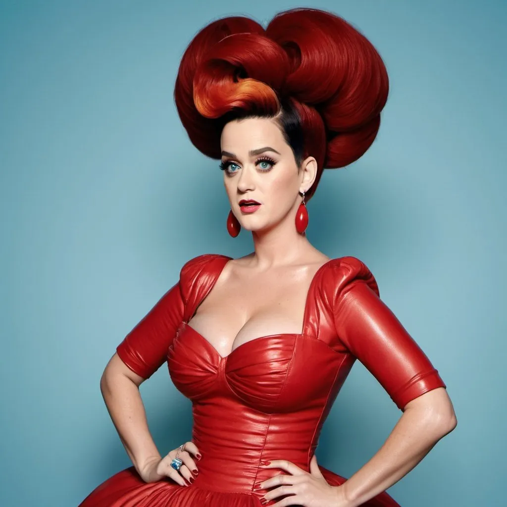 Prompt: Katy Perry plump woman with long red big bouffant beehive hair full body shown, wearing tight dress