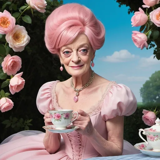 Prompt: The iconic British actress Dame Maggie Smith in a playful yet elegant rendition of the enigmatic internet personality Belle Delphine. With her signature wit and charm, Dame Maggie dons a pastel pink wig with bangs that frame her face, mimicking Belle's distinctive hairstyle. She wears an elaborate, frilly dress in the same shade, complete with a corset-like top that emphasizes her petite waist and a voluminous skirt that sashays as she moves. The ensemble is accessorized with a pair of oversized, sparkling pink bows on her shoulders and a necklace made of intertwined roses and diamond-studded chains. Her makeup is soft and ethereal, with a touch of pink blush, glossy lips, and exaggerated lashes that bat coquettishly. The setting is a whimsical tea party in a garden, where she sits at a table adorned with delicate china and a spread of sugary treats. In one hand, she holds a dainty teacup, pinky extended, while the other rests on a fluffy pink pillow. Her legs are crossed demurely, revealing knee-high socks with lace trimmings and heeled shoes that match her outfit. The background is a vibrant explosion of color, with blooming flowers and a clear blue sky that complements the pastel theme. The scene is filled with a soft, natural light that casts a warm glow across the tableau. The expression on Dame Maggie's face is a delightful mix of amusement and bewilderment, as if she's both enjoying the role and questioning the absurdity of it all. The caption reads, "Dame Maggie Smith: Serving looks that could make even the Queen blush. Welcome to high tea with a side of meme-worthy charm."