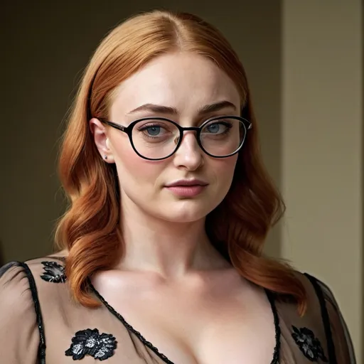 Prompt: sophie turner as a 50 year old chubby mature milf, short massive bouffant hair, cat eye glasses wearing silk nightie