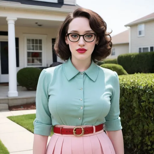 Prompt: Kat Dennings in a delightful transformation, dressed as a middle-aged Karen mom with a spot-on hairstyle. She sports a short, blonde bouffant stacked a-line bob that frames her face perfectly, showcasing a style reminiscent of the '80s and '90s. The hair is teased and layered, creating a voluminous look that adds a touch of elegance to her ensemble. She's wearing a pastel-colored, shoulder-padded blouse tucked into a high-waisted, pleated skirt in a matching shade, which is cinched at the waist with a gold-buckled belt. The outfit is completed with a pair of stylish pumps that complement the era-specific fashion. Accessorizing with oversized, round spectacles, a string of pearls, and a designer handbag slung over her shoulder, she embodies the stereotypical Karen aesthetic with surprising finesse. Her makeup is natural yet polished, with a hint of blush and a bold, red lipstick that pops against her fair complexion. In the background, there's a glimpse of a well-manicured lawn and a white picket fence, setting the scene for a suburban utopia. Kat's expression is a blend of confidence and slight judgment, mimicking the infamous "Karen" look often seen in memes and viral videos. Her pose, with one hand on her hip and the other holding a shopping list, suggests she's ready to tackle the day's errands with unyielding determination. The overall effect is a humorous yet respectful homage to the iconic look, bringing to life a character that is both familiar and exaggerated for comedic effect.