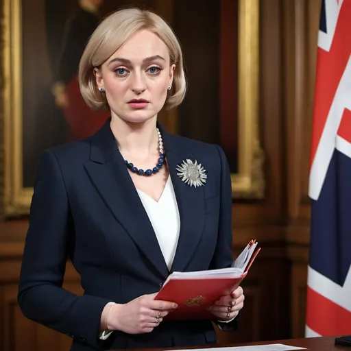 Prompt: A striking resemblance transformation of Sophie Turner into Theresa May, the former British Prime Minister. Sophie is dressed impeccably in a tailored navy blue suit with a crisp white blouse, mimicking May's signature style. She wears a pair of sensible black pumps and has her auburn hair styled in a sleek, professional bob with subtle grey highlights, framing her face much like May's iconic look. The makeup is understated yet precise, with a palette that matches May's natural complexion and a strong, straight eyebrow reminiscent of the politician's trademark look. Sophie's eyes are focused and determined, reflecting the stoicism often associated with May during her tenure. She stands in a room that is a backdrop of the British parliament, with the Union Jack flag and a portrait of the Queen in the background, symbolizing the political setting. In her hand, she holds a folder with the words "Brexit Plan" emblazoned on the cover, while her other hand is placed firmly on the podium, ready to address the nation. The lighting casts a soft yet commanding glow, highlighting her pearl necklace and the seriousness of the moment. The overall composition is a nod to a typical press conference, capturing the essence of political power and responsibility.