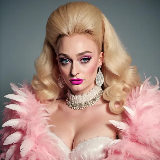 Prompt: sophie turner dressed as a drag queen, wearing a pink dress and a white feather boa, lipstick, eyeshadow, huge blonde bouffant 1960s hair
