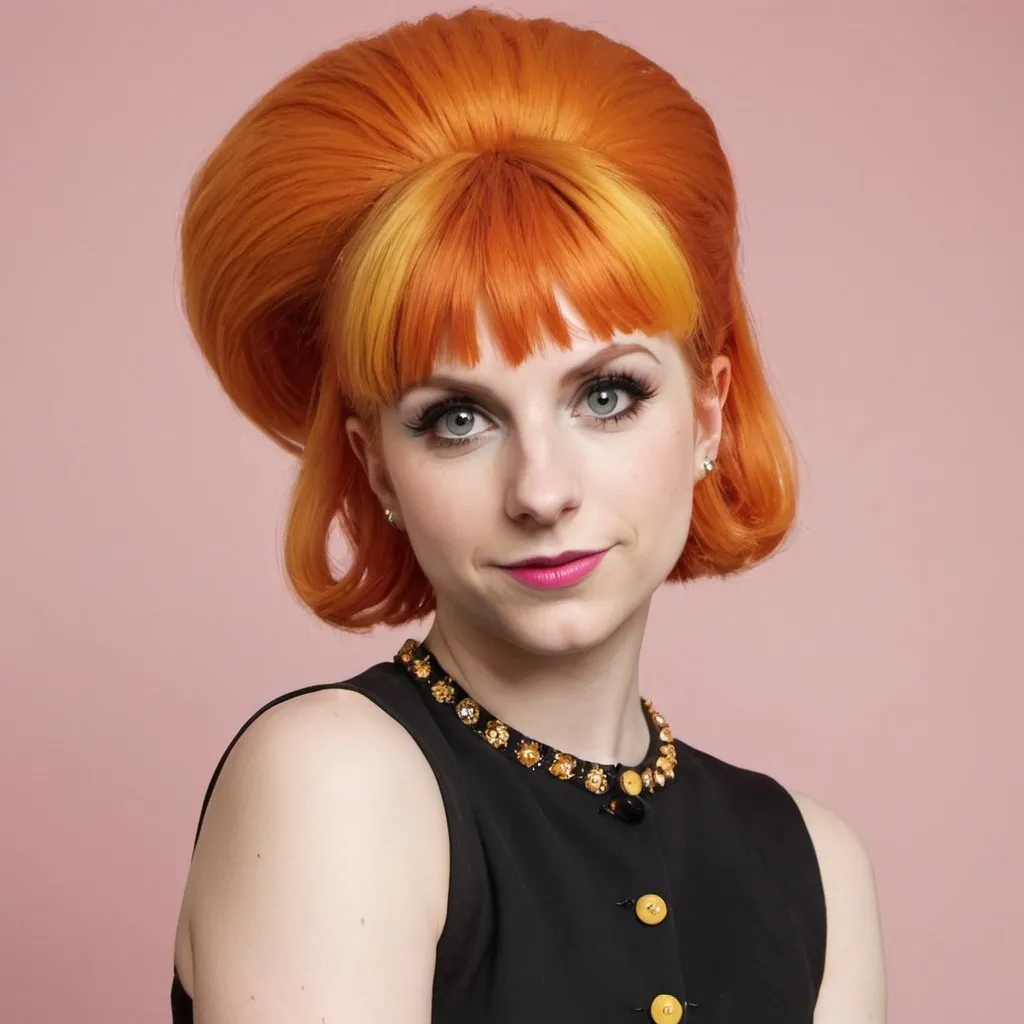 Prompt: Hayley Williams dressed as a 1960's woman with big bouffant beehive hair