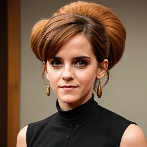 Prompt: Emma Watson dressed as peggy bundy with big bouffant beehive long hair