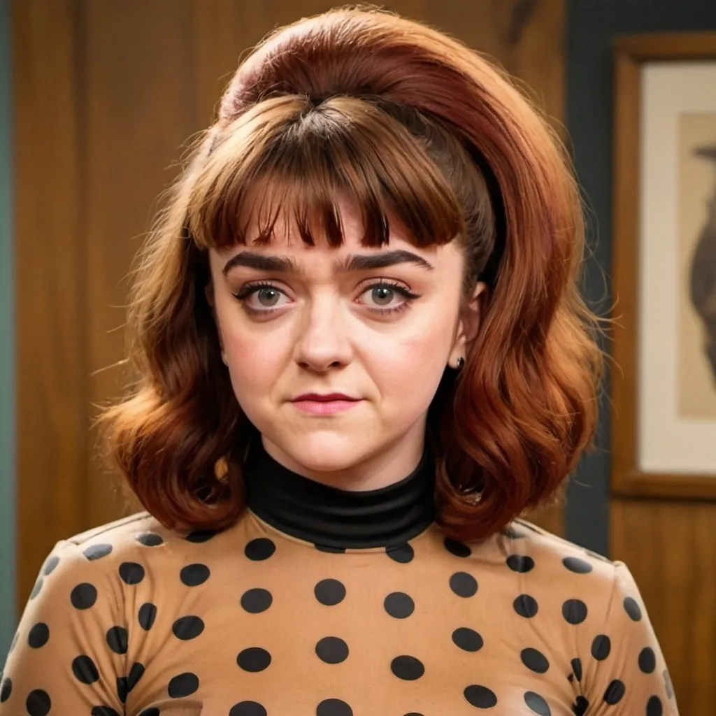 Prompt: Maisie Williams dressed as peggy bundy with big bouffant beehive long hair