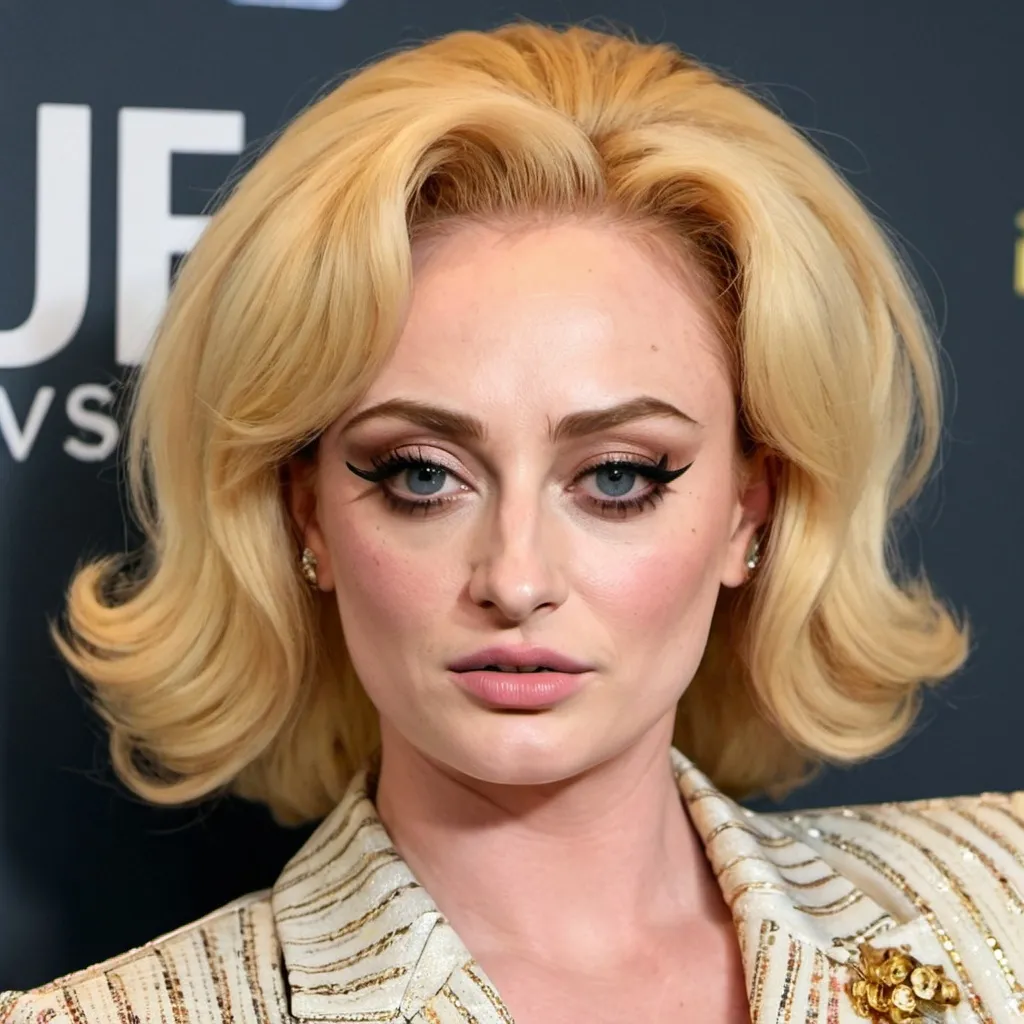 Prompt: sophie turner dressed as patsy stone from absolutely fabulous with a beehive hairstyle