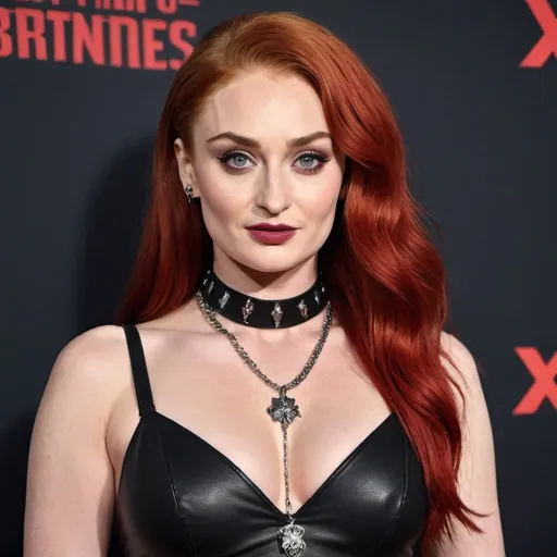 Prompt: A stunning transformation of Sophie Turner as she channels her inner rock queen, dressed uncannily as Sharon Osbourne. The Game of Thrones and X-Men star has undergone a glamorous metamorphosis, embodying the iconic style of the music manager and television personality. With a fiery red wig cascading down her shoulders, Sophie mirrors Sharon's signature hairstyle, complete with the distinctive sharp edges and voluminous bangs. Her makeup is flawless, with a bold red lipstick and dramatically lined eyes that are reminiscent of Osbourne's daring look. The outfit is a spot-on replica of one of Sharon's memorable ensembles, featuring a form-fitting black dress with a plunging neckline, adorned with silver studs and chains. The ensemble is paired with black fishnet stockings and platform boots that add an edgy flair to the overall look. The background is a vibrant red, echoing the vibrancy of Sharon's hair and the rock 'n' roll lifestyle she represents. Sophie's pose exudes confidence and sass, with one hand on her hip and the other holding a microphone, as if ready to take the stage alongside Ozzy. The unmistakable tattoos on her wrists and the Osbourne family crest necklace complete the illusion. Her eyes sparkle with mischief and the hint of a smile plays on her lips, suggesting she's fully embraced the role. The caption reads, "Sophie Turner: A Night in the Life of Sharon Osbourne," leaving viewers to wonder if she's about to host a surprise episode of The Talk or drop in for a jam session with the Prince of Darkness himself.