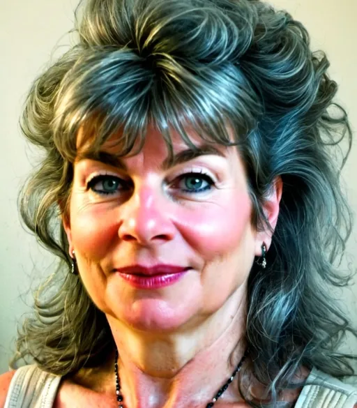 Prompt: mature curvy woman with long grey bouffant hair