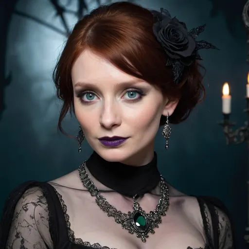 Prompt: bryce dallas howard A strikingly beautiful individual with a dramatic goth-emo aesthetic. Their hair is styled in an impressive black bouffant, standing tall and proud, with the sides swept back to reveal an intricate network of backcombed strands that seem to defy gravity. The stark contrast of the jet-black hair against their pale, almost translucent skin creates a hauntingly ethereal look, complemented by their dark, smokey makeup. Thick, winged eyeliner extends from the corners of their eyes, reaching out like the wings of a raven in flight, while their plum-tinted lips are pressed into a sultry pout. Their cheekbones are sharply contoured, with a dusting of gothic glitter that catches the dim light, casting an eerie glow. The individual's eyes are lined with kohl, the irises a piercing shade of emerald green that seems to hold a secret world of pain and passion. Their attire is equally as dramatic, with a tattered black dress that clings to their slender frame, adorned with silver chains and spiderweb lace. The background is a moody blend of deep purples and blues, with shadows playing across the walls, hinting at the dark, mysterious atmosphere of a moonlit cemetery or a forgotten, candlelit chamber. The overall composition of the image is one of gothic elegance, capturing the essence of the goth-emo subculture in a way that is both alluring and slightly unsettling, inviting the viewer to step into the shadowy realm of their enigmatic universe.