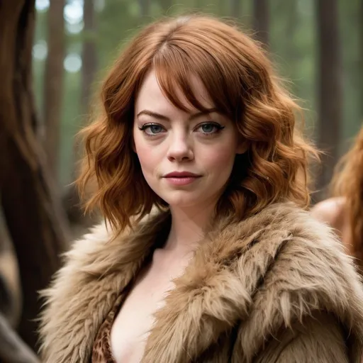 Prompt: Emma Stone a cavewoman, with a wild fluffy hairstyle, wearing fur outfit, photo style, detailed face