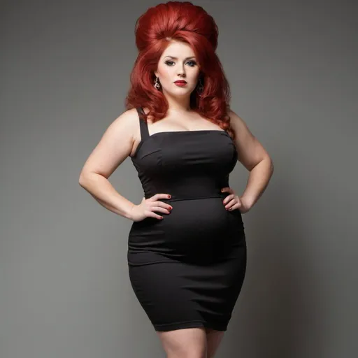 Prompt: plump woman with long red big bouffant beehive hair full body shown, wearing tight dress