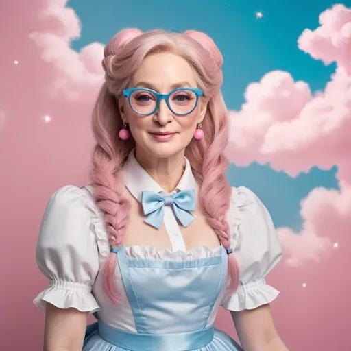 Prompt: Meryl Streep, an acclaimed Hollywood legend, in a stunning transformation as she dons the iconic attire of internet sensation Belle Delphine. With a wig of pastel pink hair styled in signature pigtails adorned with baby blue bows, she captures the essence of the character's playful and mischievous nature. Her eyes are sparkling with a touch of childlike wonder, enhanced by soft, blush-colored makeup and a delicate winged eyeliner that mirrors Belle's distinct look. The costume itself is a pink and white maid outfit, complete with a frilly apron and a necktie that bears an uncanny resemblance to the original. The ensemble is accessorized with a pair of oversized pink sunglasses, giving a nod to Belle's playful persona. Meryl's posture is both elegant and cheeky, as she poses with one hand on her hip and the other holding a pink water gun, ready to spray the camera with a whimsical twinkle in her eye. The background is a pastel-themed room filled with fluffy clouds and floating unicorns, setting a dreamy and fantastical scene that Belle Delphine fans would instantly recognize. The vibrant colors and whimsical elements are a stark contrast to Streep's typically sophisticated roles, yet she pulls off the cosplay with surprising ease, blending her timeless charm with the youthful spirit of the character. The shot is a clever juxtaposition of two worlds, bridging the gap between high art and viral pop culture.