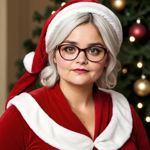 Prompt: Jenna Coleman dressed as bbw chubby mrs claus Woman, white hair, glasses