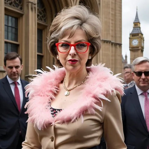 Prompt: Former British Prime Minister Theresa May in a dramatic transformation, dressed as a blonde bimbo with an exaggerated big bouffant beehive hairstyle. Her typically conservative attire has been replaced with a short, tight, pink mini-dress that accentuates her curves, and she is accessorized with long, dangling earrings and a matching necklace. The bouffant hair reaches new heights, styled to perfection with an abundance of hairspray, resembling the iconic look of 1960s fashion icons. A pair of oversized, round sunglasses sits atop her head, hinting at a playful nod to the era's beach bunny aesthetic. May's makeup is bold and glamourous, featuring bright red lipstick and heavily winged eyeliner that exaggerates her features. She stands in front of a backdrop of the British Parliament, with Big Ben in the distance, juxtaposing her playful new look against her former serious political environment. In her hand, she holds a pink feather boa, draped loosely around her neck, as if she's ready to twirl and sashay her way through a whimsical world far removed from the halls of power. The expression on her face is a mix of surprise and delight, suggesting a moment of unexpected liberation from her usual persona.