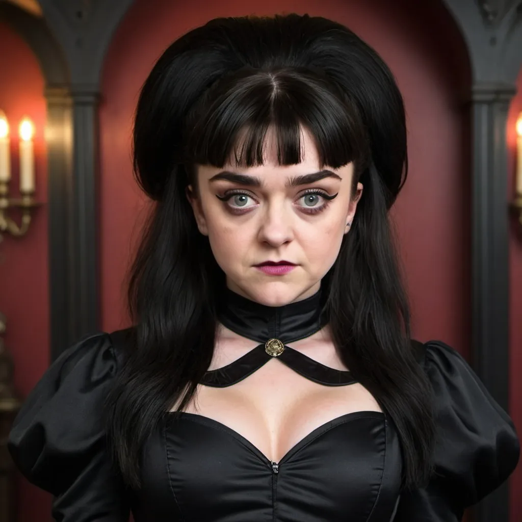 Prompt: maisie williams Dressed as Elvira Mistress of the dark, Big bouffant Beehive black hair
