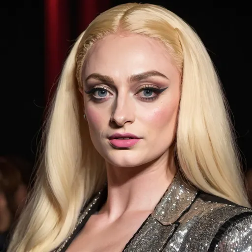 Prompt: sophie turner dressed as male drag queen with a blonde wig